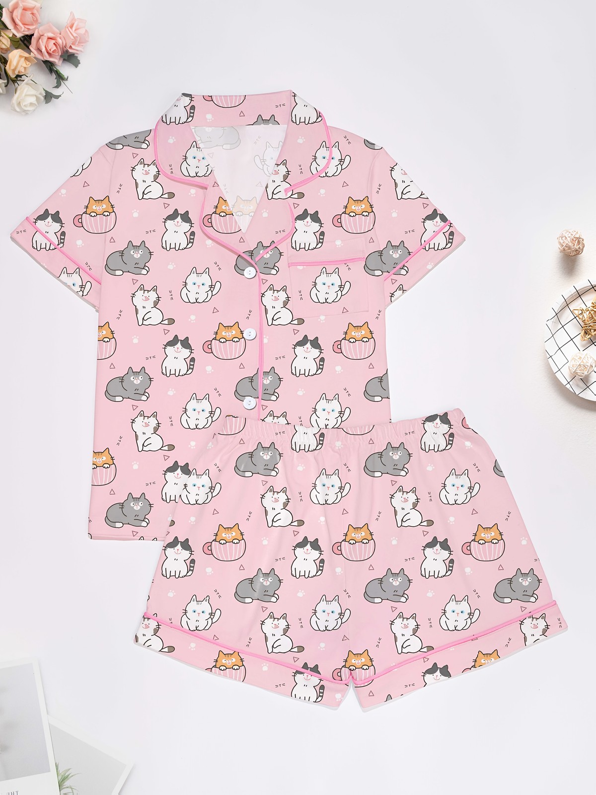 Women'S Pink Cat Print Pajama Set with Comfortable Outdoor Loungewear