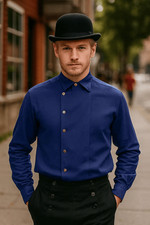 Steampunk Victorian Cosplay Costume Mens Side-Button Linen Shirt Navy
