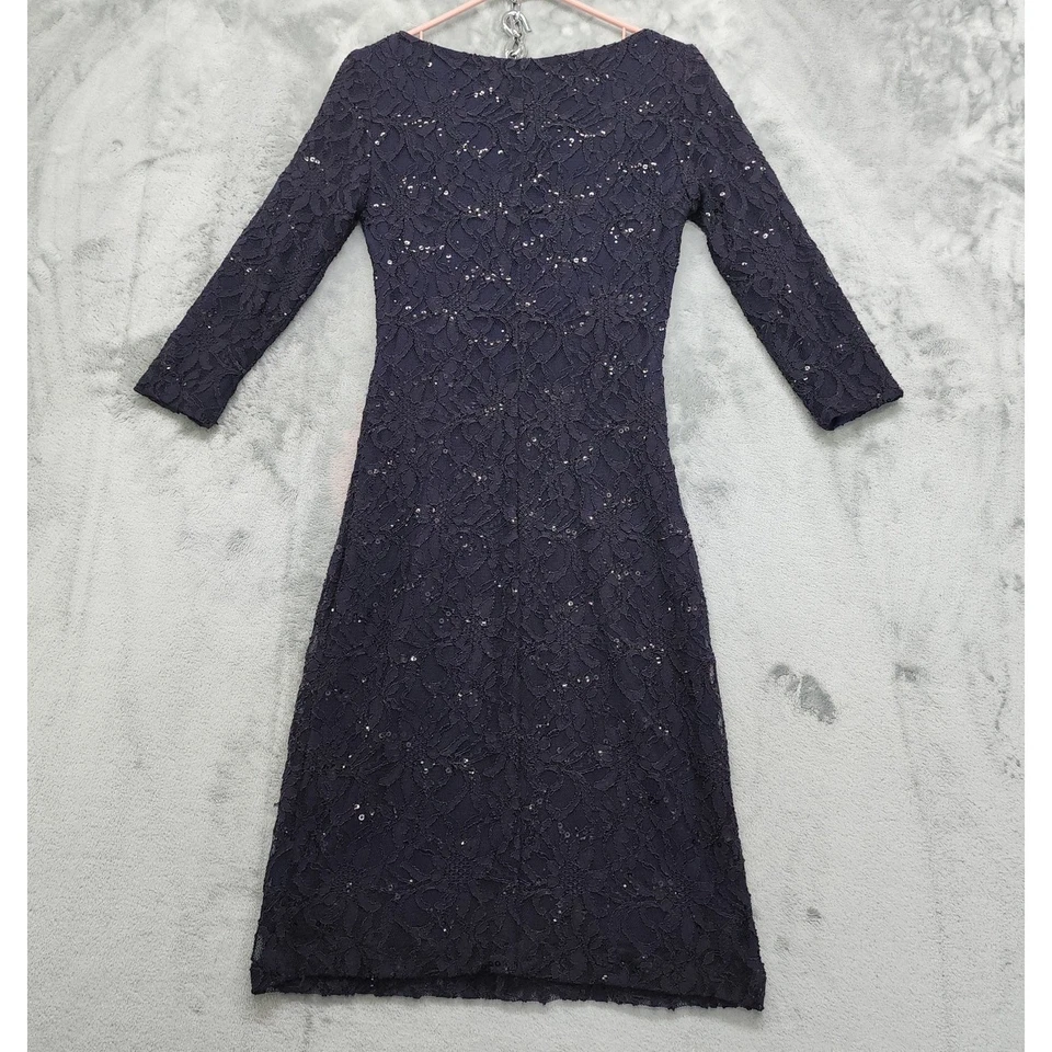 Ralph Lauren Dress Size 6 Blue Sequin Lace Cowl Neck 3/4 Sleeves Knee Length  - Image 2 of 4