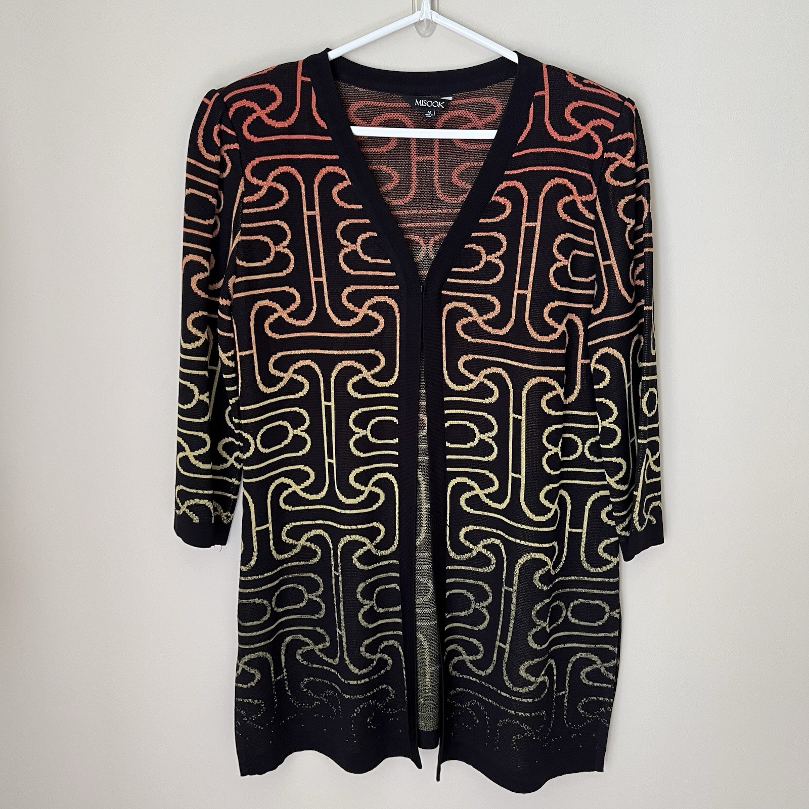 Misook Womens Open Front Jacket Cardigan Sz M Black Abstract Artsy Lagenlook