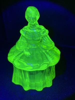 Rare Mosser  Belle   Victorian lady Uranium Glass Lidded Jar, Powder Jar 5  Tall