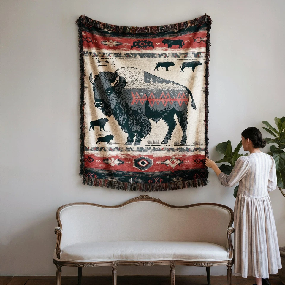 Vintage Buffalo Southwestern Bison Woven Blanket Cozy Animal Home Decor Gift - Image 4 of 4