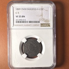 1809 Classic Head Half Cent 1/2C C-5 Over Inverted 9 NGC VF25 BN