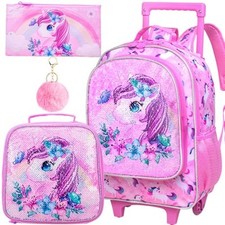 Rolling Backpack for Girls Boys, Kids Roller Wheels School Butterfly Unicorn