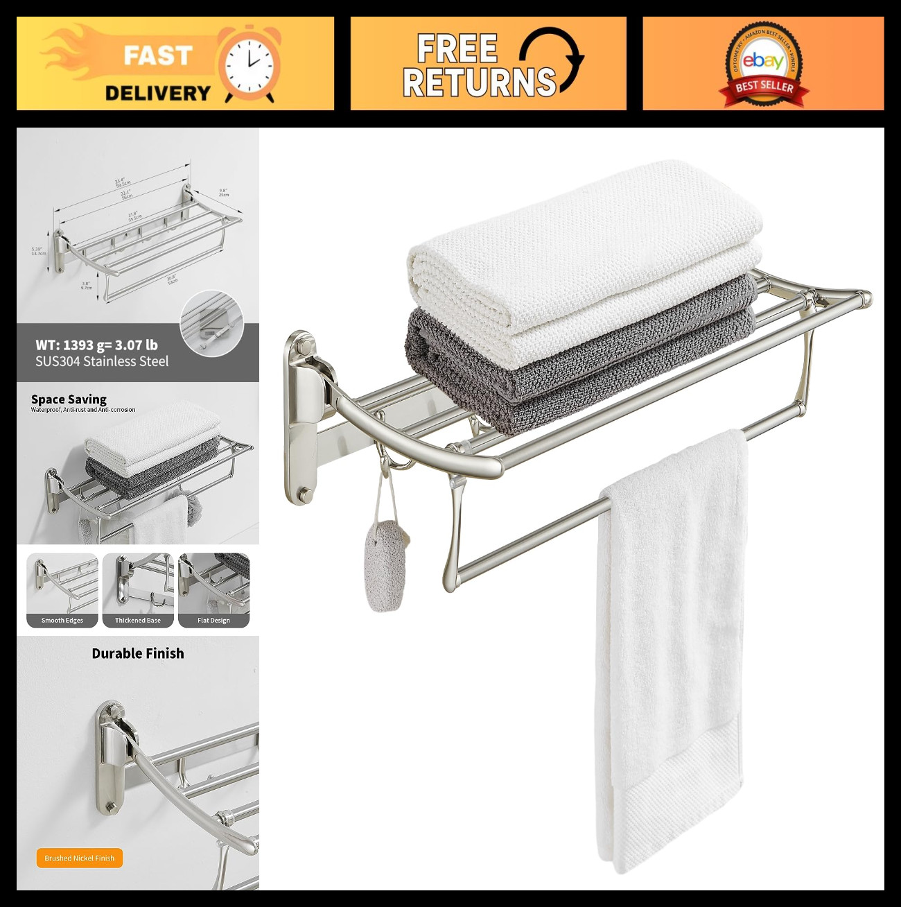 Rack, Wall-mounted Bathroom Shelf With Foldable Bar & H