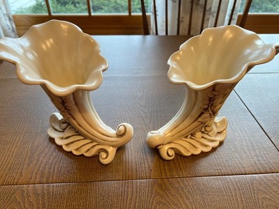 Set of 2  Red Wing Pottery #1098 Magnolia Cornucopia Flower Vases Ivory