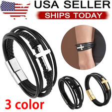 Men's Leather Bracelet with Stainless Steel Plated Cross Multi Layer Fashion