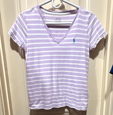 Polo Ralph Lauren Women s S Purple White Striped V-Neck Tee Cotton Polo Pony