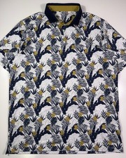 Puma Golf Polo Shirt Mens Large Tropical Floral Leaf Print White Blue