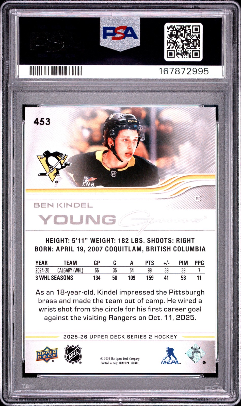 167872995 Ben Kindel 2025 Upper Deck Series 2 #453 Young Guns Rookie RC PSA 8 view 2
