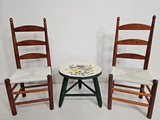 Doll Furniture Wood Floral Top Table 6" H & 2 Shaker Woven Seat Chairs 14" H VGC
