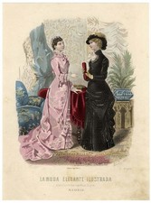 VICTORIAN Gowns FASHION PRINT 1880's Pink Dress Black HAND COLORED Toudouze