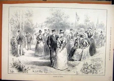 Original Old Antique Print 1887 Yachting Cowes Castle Lawn Romance Victorian