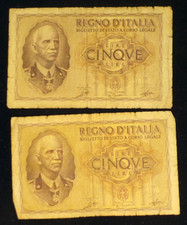 Italia, 2 x disegno abbinato, banconote da 5 lire. Emissione 1940. Entrambi scelgono # 28.