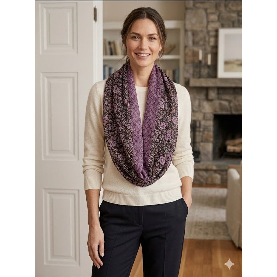 J JILL Floral Print Mix Infinity Scarf Elegant Light Weight Loop Scarf Purple OS