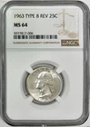 1963 Silver Washington Quarter, Type B Reverse, NGC MS-64, Blast White!