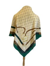 Vintage Charme Italian Silk Scarf Equestrian Belt Print Green Cream Square A22