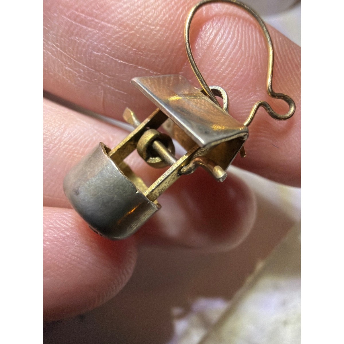 Vintage Silver Tone Dangle Earrings Mechanical Figural Pair Wishing Well Design View 3