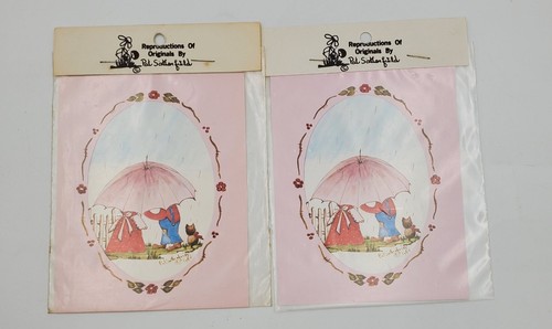 Vintage Print For Art Decoupage or Art Girl & Boy Under Umbrella Set Of 2