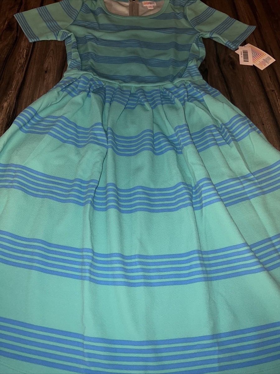 LuLaRoe Green Blue Stripe Amelia Dress Unicorn Medium 10/12 8/10 Pockets  New | eBay