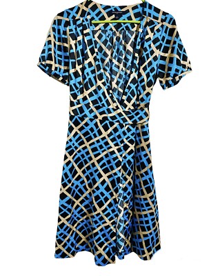 Banana Republic Blue Gold Tan Grid Geo Soft Wrap Dress Sz 4 Tie Close | eBay