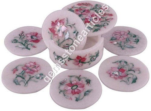 White Marble Coaster Set with Holder Semi Precious Multi Inlay Gemstone Gifts