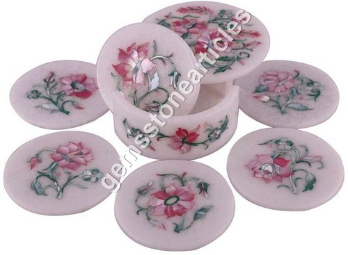 Marble White Teapot Coaster Set Rose Quartz Semi Precious Floral Art Gift Her