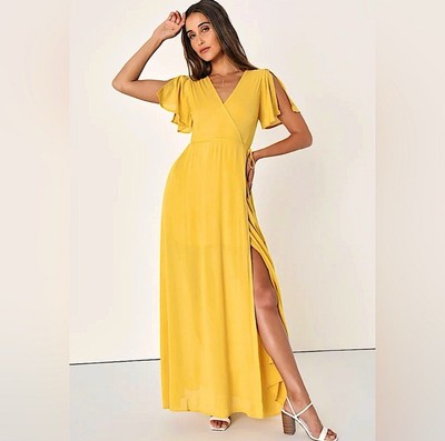 Lulus Much Obliged Golden Yellow Wrap Maxi Dress size small NWT sold out online!