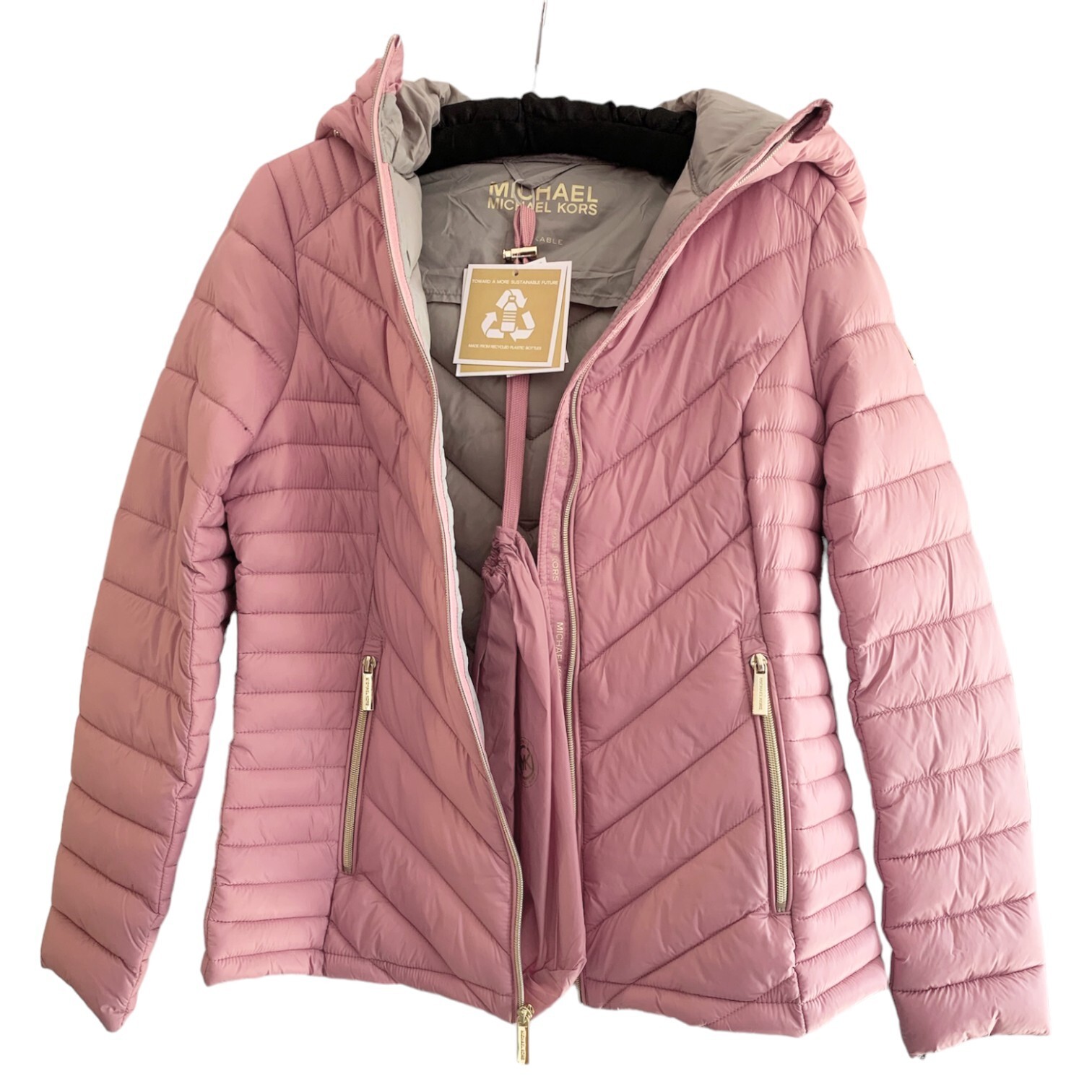 MICHAEL KORS PINK COAT PUFFER JACKET - SIZE SMALL 8 10 - LIGHTWEIGHT HOODED HOOD