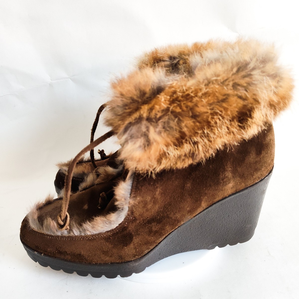 Coach Kataya Brown Suede Womens Size 6.5 Wedge Rabbit Fur Trim Coach Kataya Brown Suede Womens Size 6.5 Wedge Rabbit Fur Trim