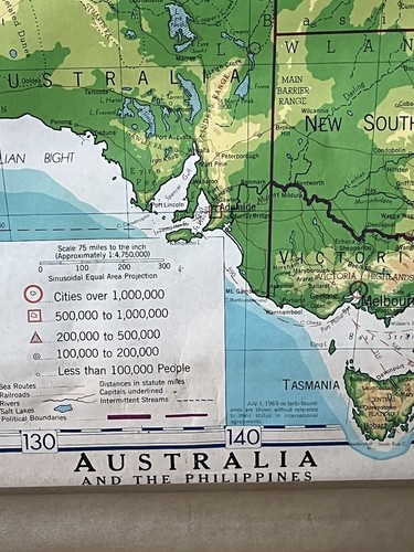 Denoyer-Geppert Australia & the Philippines School Wall pull down 66”x 52" 1969