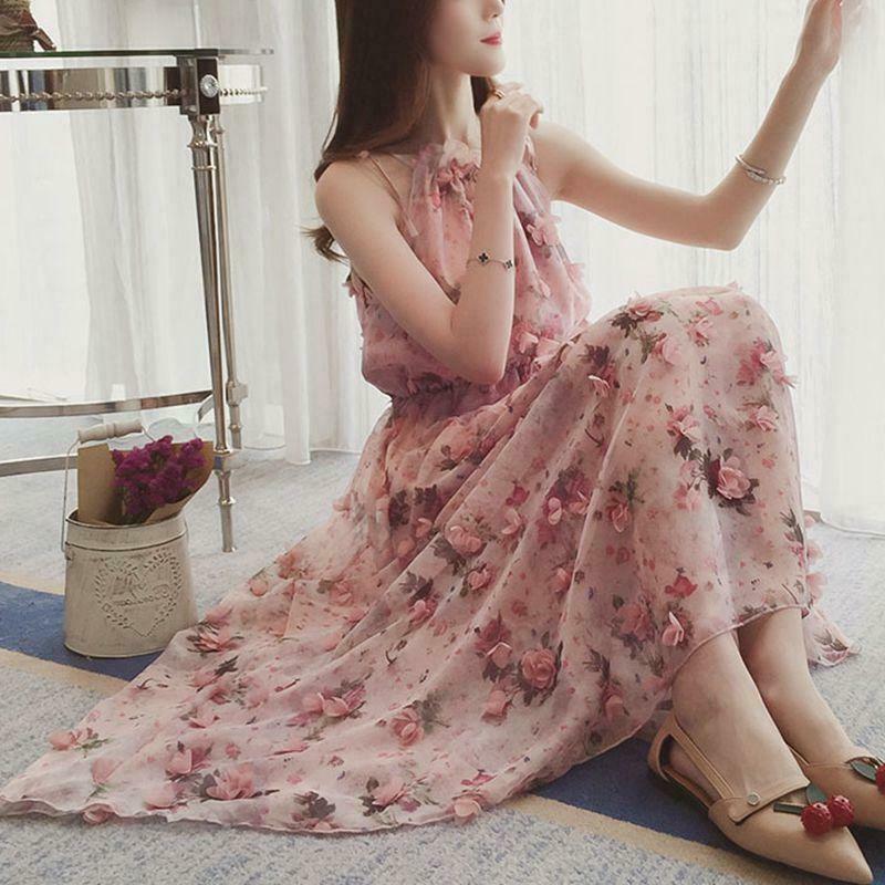 2020New Korean Women Summer Fashion Sleeveless Off Shoulder Floral Chiffon  Dress | eBay