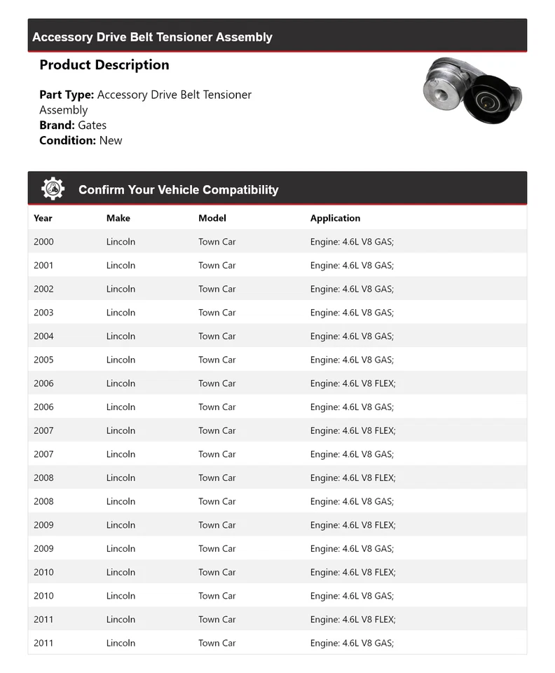 For 2000-2011 Lincoln Town Car Accessory Drive Belt Tensioner Assembly Gates - Image 2 of 4