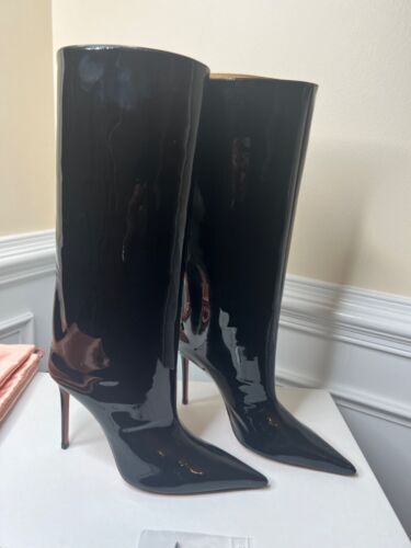 Amina Muaddi Fiona Black Patent Leather High Heel Boots Women's Size 8.0 New - Picture 2 of 6
