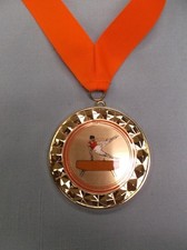 male GYMNASTICS pommel horse red gold medal with neck drape