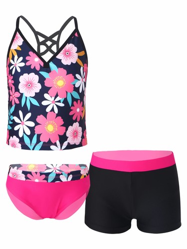 Girls' Summer 3 Piece Swimsuit Swim Tops Bottoms Boyshort Tankini Set Swimwear - Picture 84 of 110