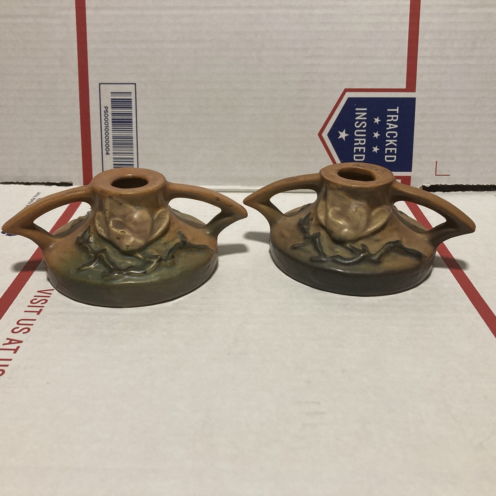Vintage Roseville Pottery Beige Magnolia Candlesticks 11562 1/2 1943