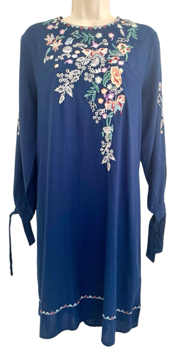 Kaktus Kleid Damen Gr. L blau Blumen bestickt Etuikleid Bindeärmel Boho
