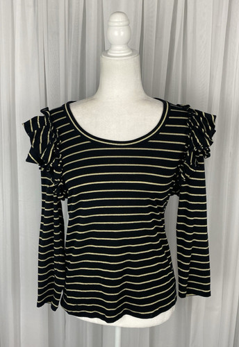 Lauren Ralph Lauren, Lauren Ralph Lauren Black Label L Black Metallic Gold Stripe Ruffle Knit Top
