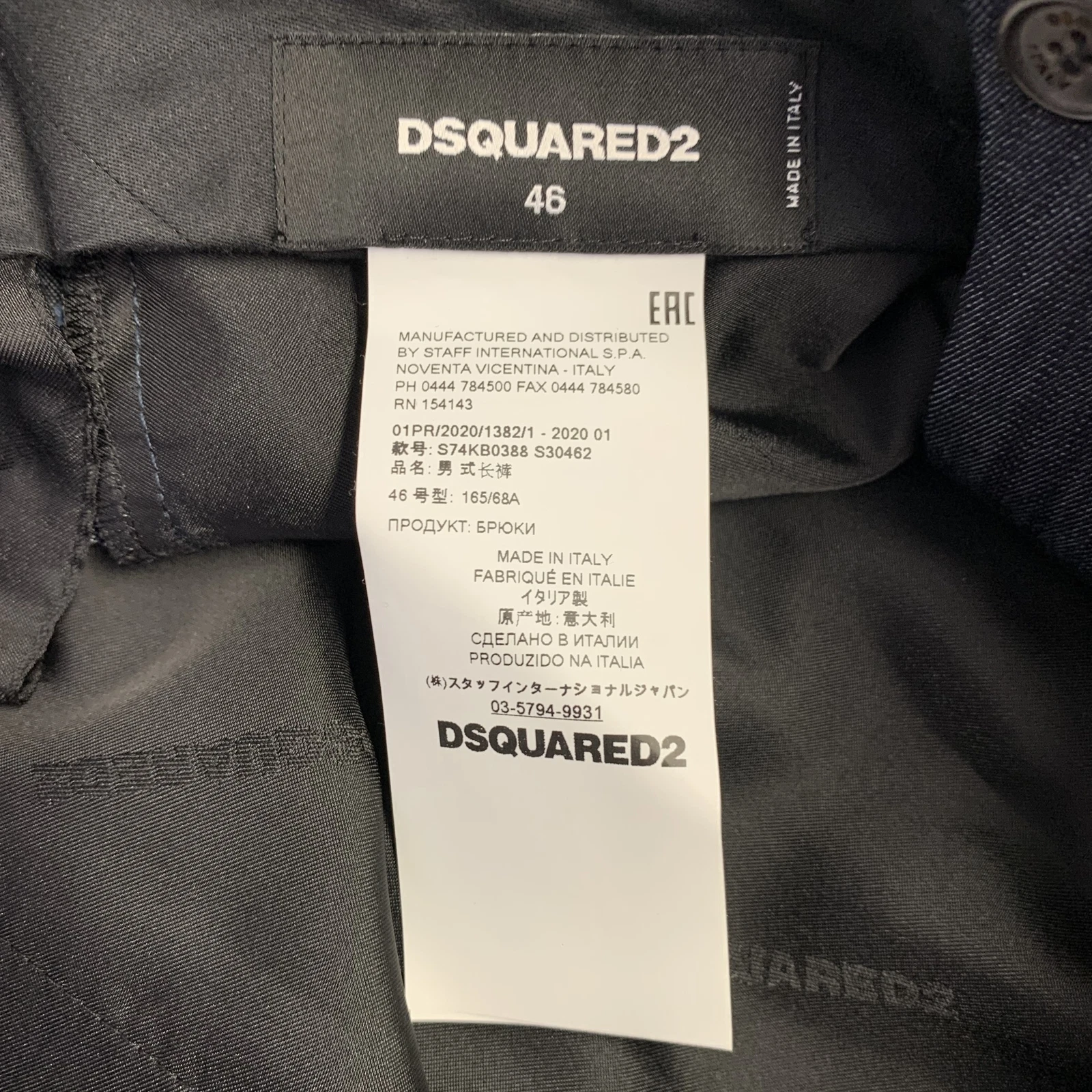 Pantaloni eleganti DSQUARED2 taglia 30 nero indaco bordo a contrasto cotone piatto davanti