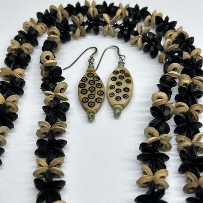 Artisan Lei Necklace + Etched Earrings Black/Tan Neutral Boho Natural