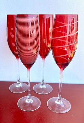 MIKASA Cheers Ruby Red Long Stemmed Hand Blown 10  Champagne Flutes SET OF 4