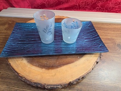 Blue Iridescent Glass Platter Tray Blue  Ripple Effect 7.5  X 14.5'' w/Votives