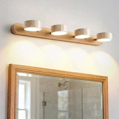 Farmhouse Wood Vanity Light, Mirror Light with 4 Travertine Stone Shades, 300...