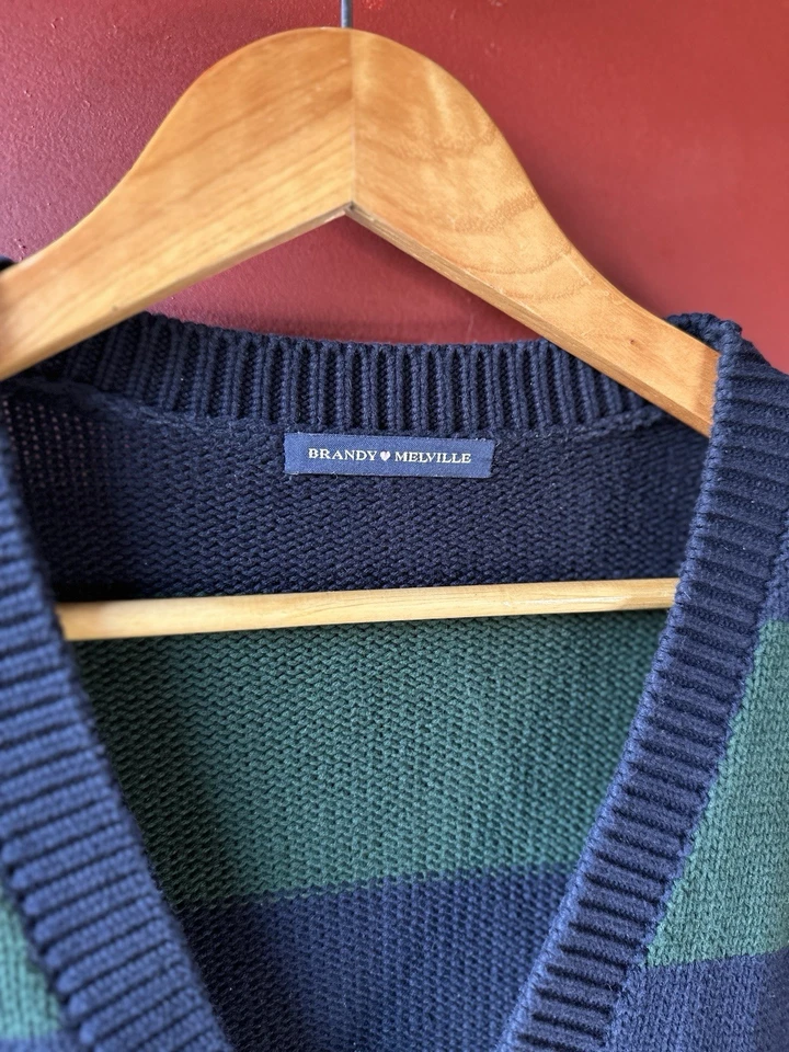Brandy Melville Vintage Y2K Rugby Striped Sweater Navy & Green OS Cardigan  - Image 3 of 4