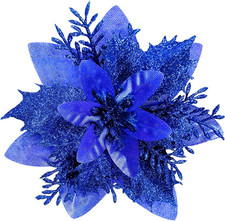 15 Pcs Blue Artificial Poinsettia Flower Decorations with Clips and Stems