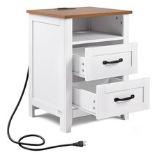 Uimoso Farmhouse Style Nightstand with Charging Station and Two Storage Drawers