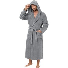 Men's Hooded Bathrobe, Soft Long Towel Robe, Super Absorbent Quick Dry Warm