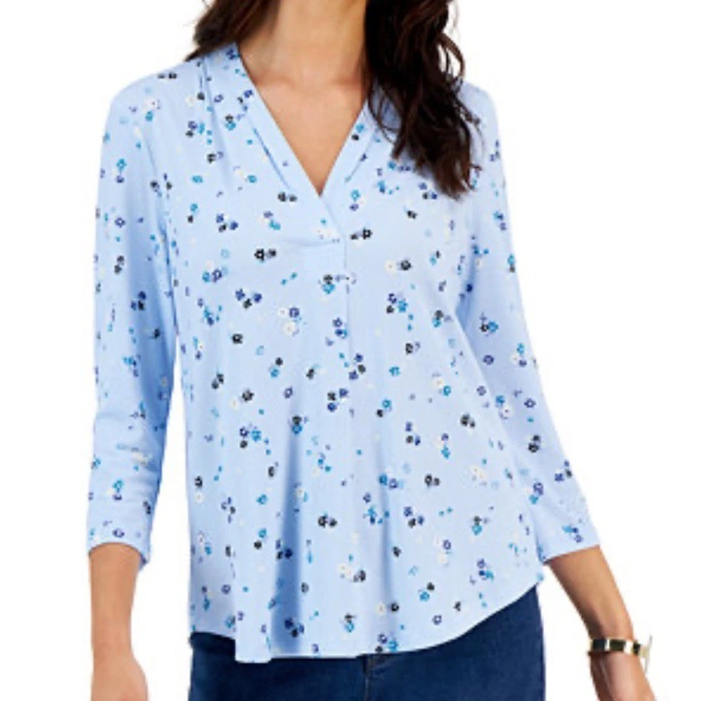 Charter Club Womens Floral Printed 3/4 Sleeve Blouse Blue Petite XL