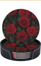 6 Pcs Leather Coasters for Drinks with Holder Blooming Red Roses Coaster Sets...